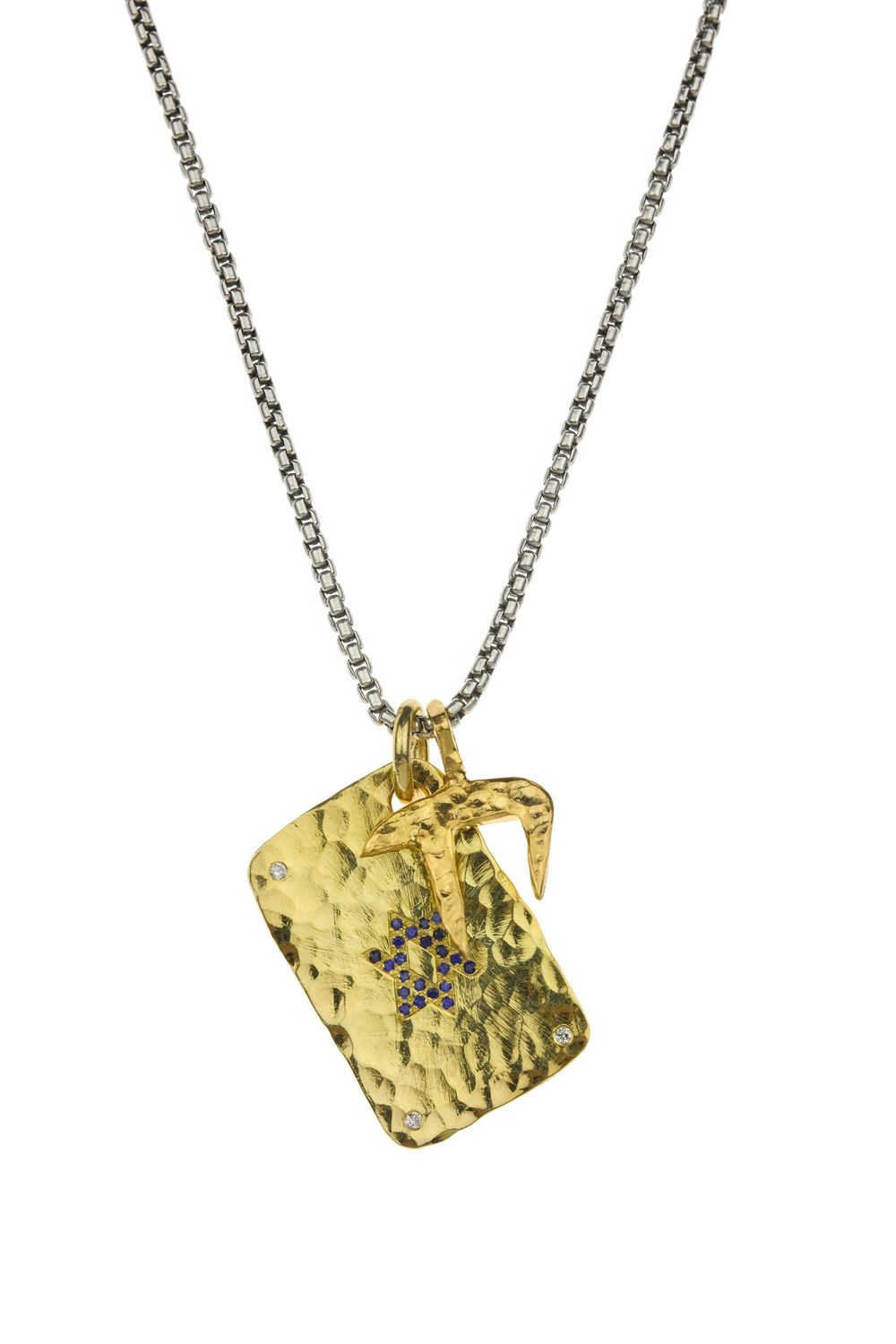 Gold Chai pendant paired with a sapphire tag