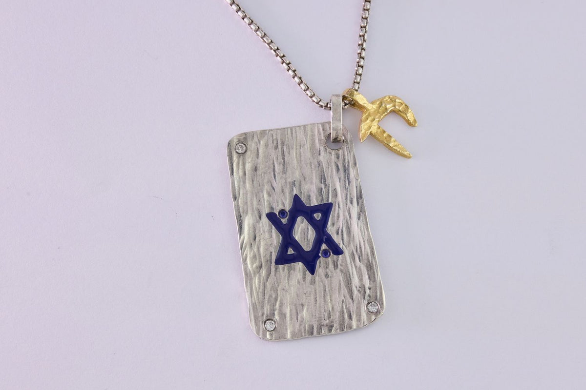 Gold Chai pendant paired with a Star Of Israel dog tag