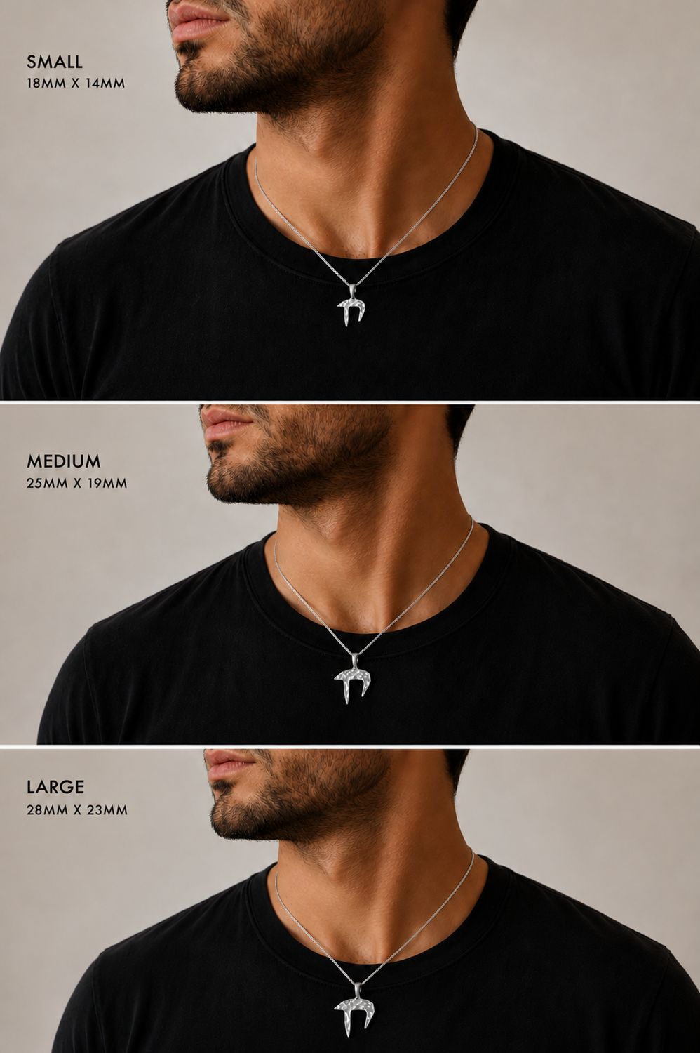 Chai pendant size chart, sterling silver on model