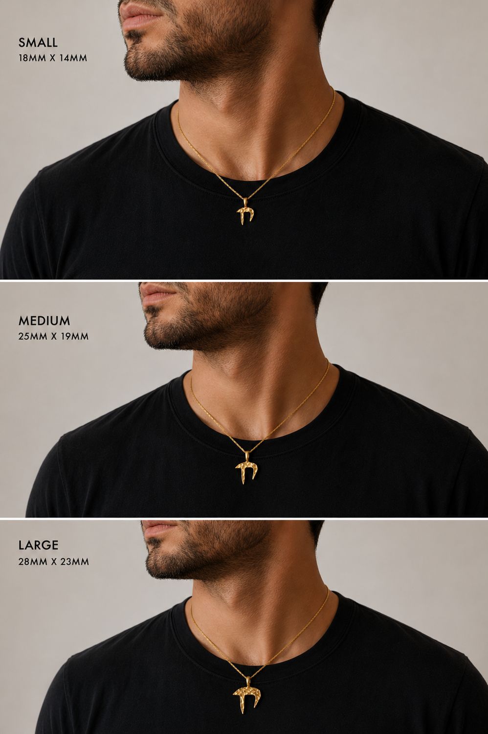 Chai pendant size chart, gold on model