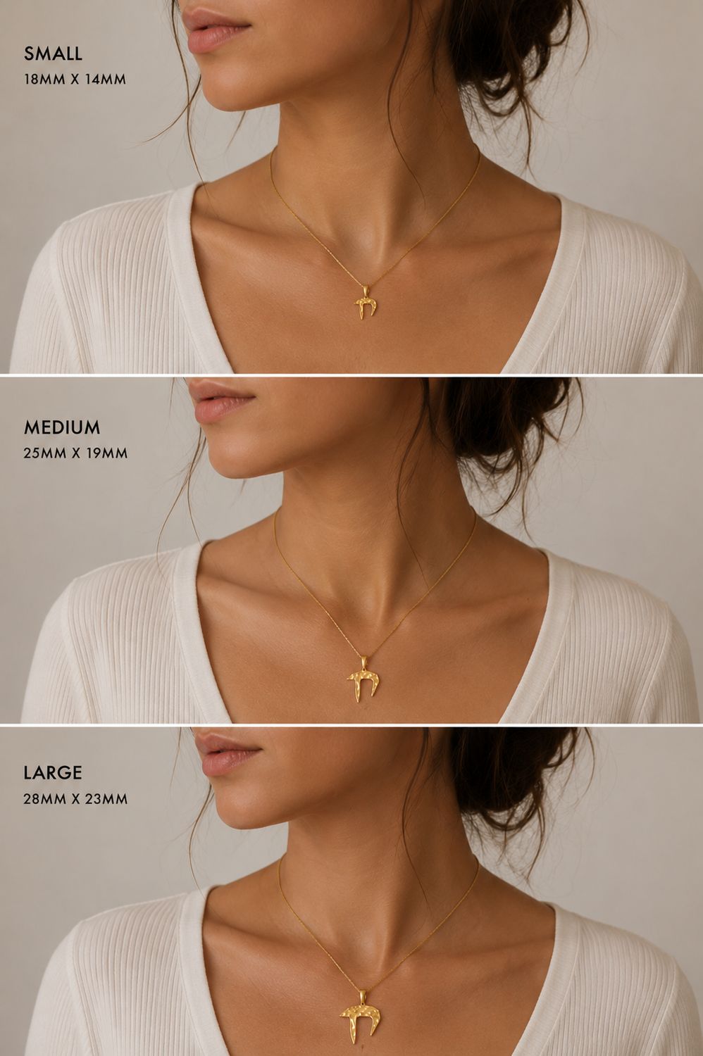 Chai pendant size chart on model