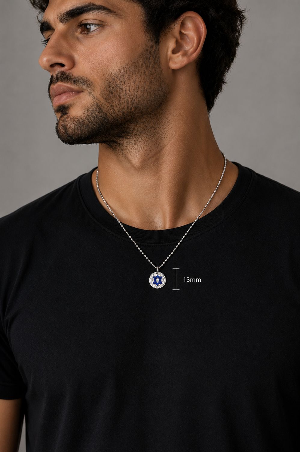 Round tag, sterling silver — on model
